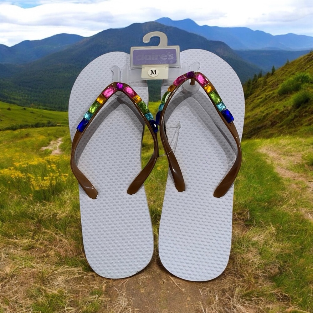 Claire's White Sandals with Multicolor Gems